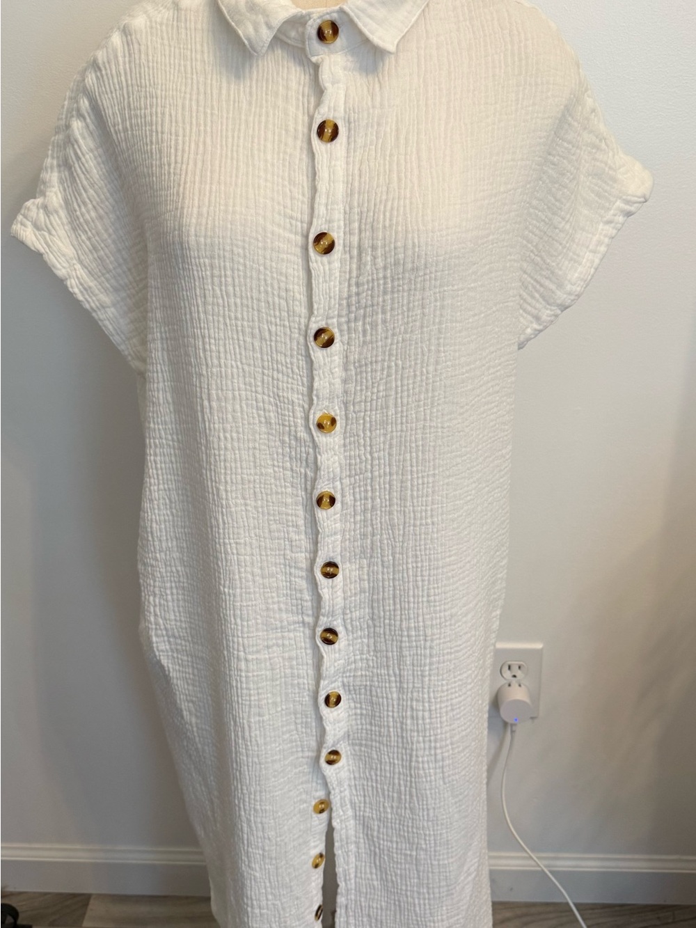 White Gauze Button-Down Midi Dress Size Large